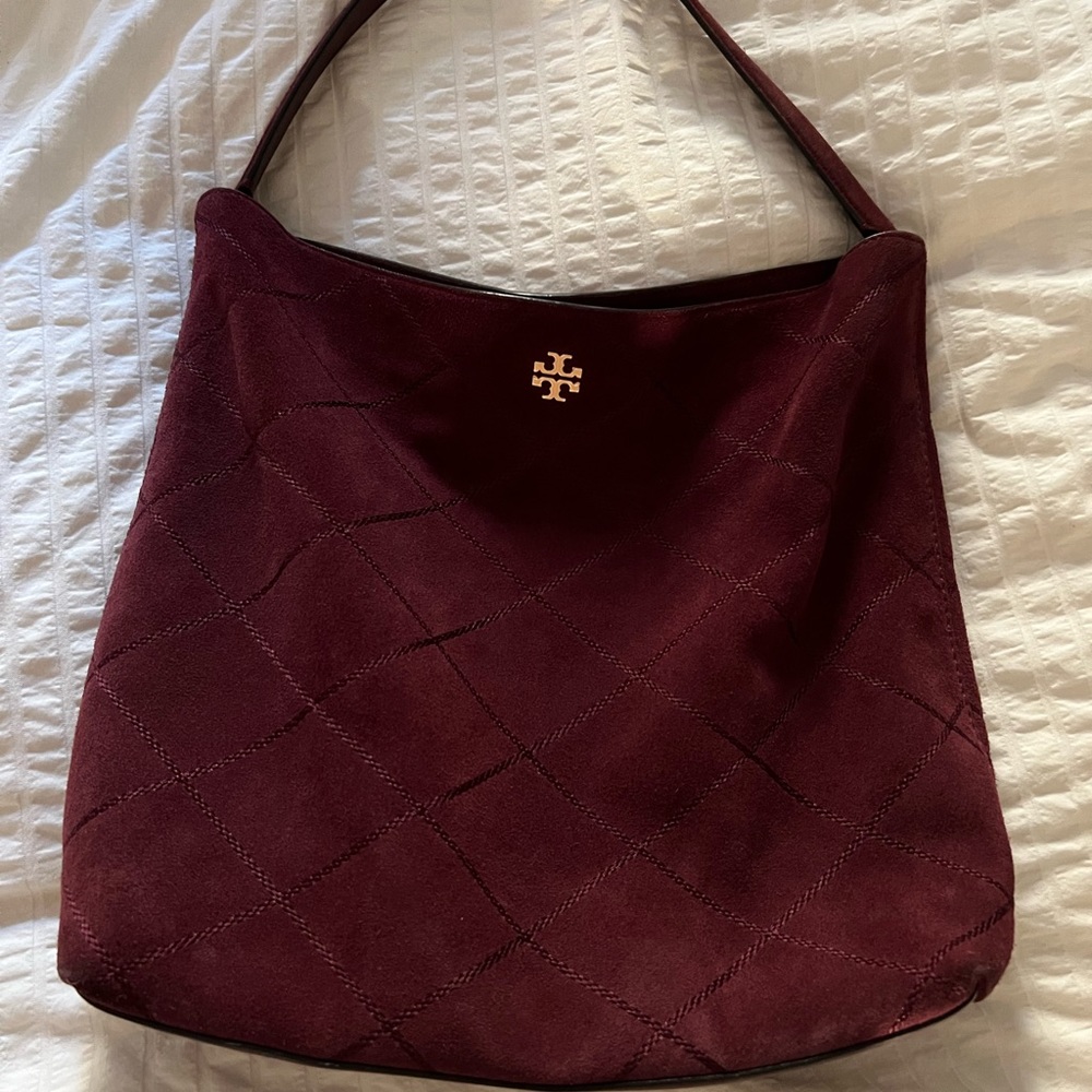 Tory Burch Frida Stitched Suede Wine Hobo Purse